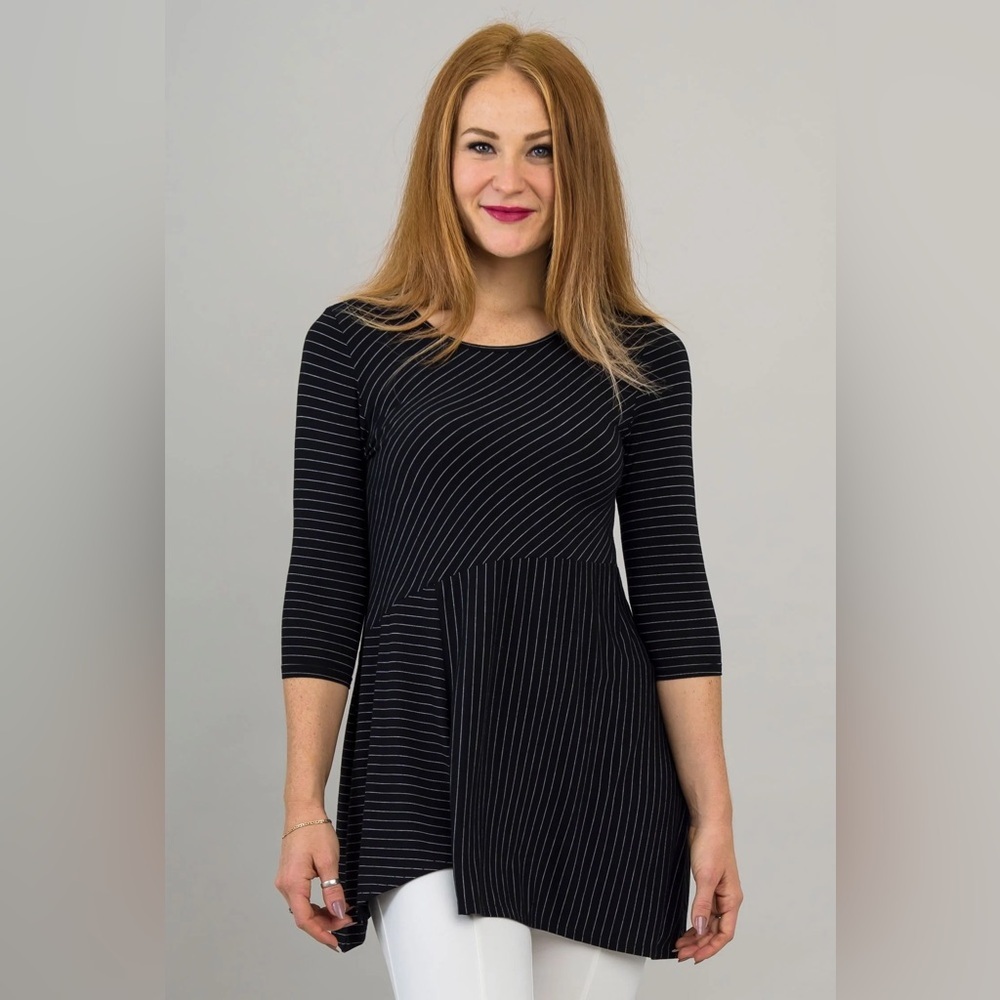 Blue Sky Asymmetrical Pinstripes Bamboo Tunic Black White